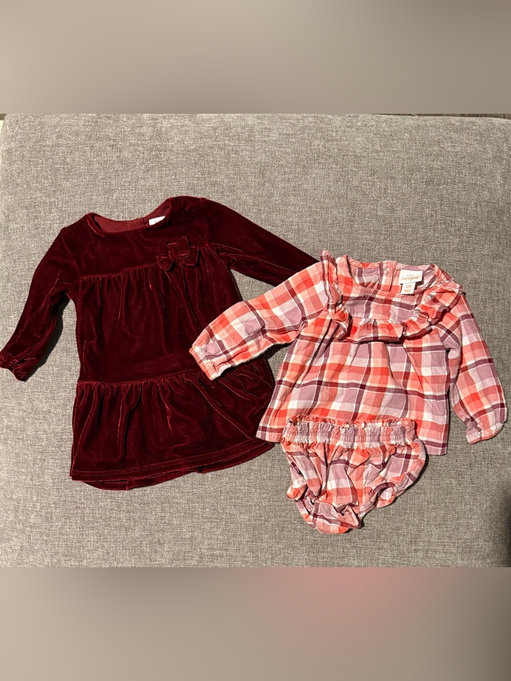 Festive Baby Duo-  Burgundy Velvet Dress & Pink Plaid Top with Bloomers Set 6-9m